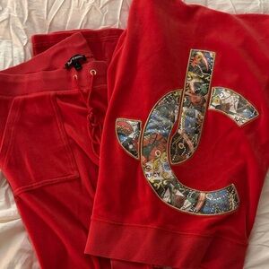 Juicy Couture Vibrant Red Orange Velour Top with Artistic Logo and matching pant